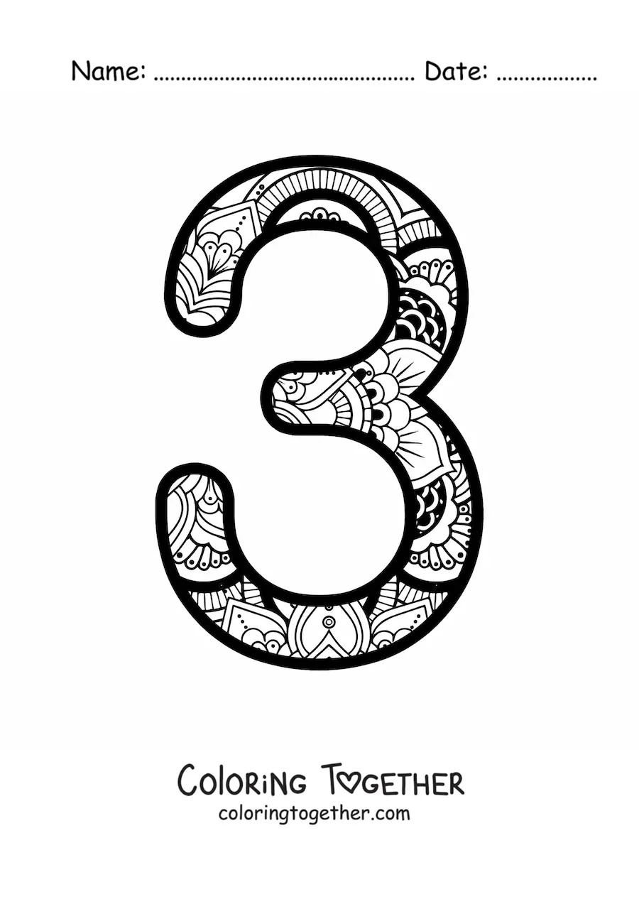 Coloring page of a mandala of the number 3