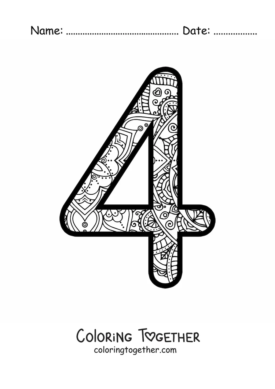 Coloring page of a mandala of the number 4