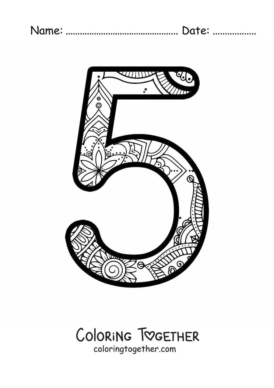 Coloring page of a mandala of the number 5