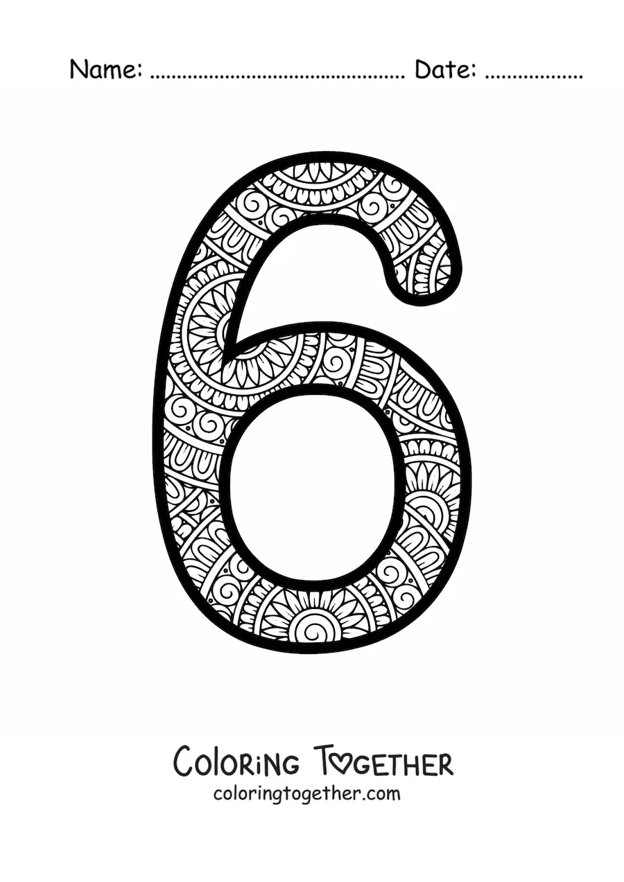 Coloring page of a mandala of the number 6