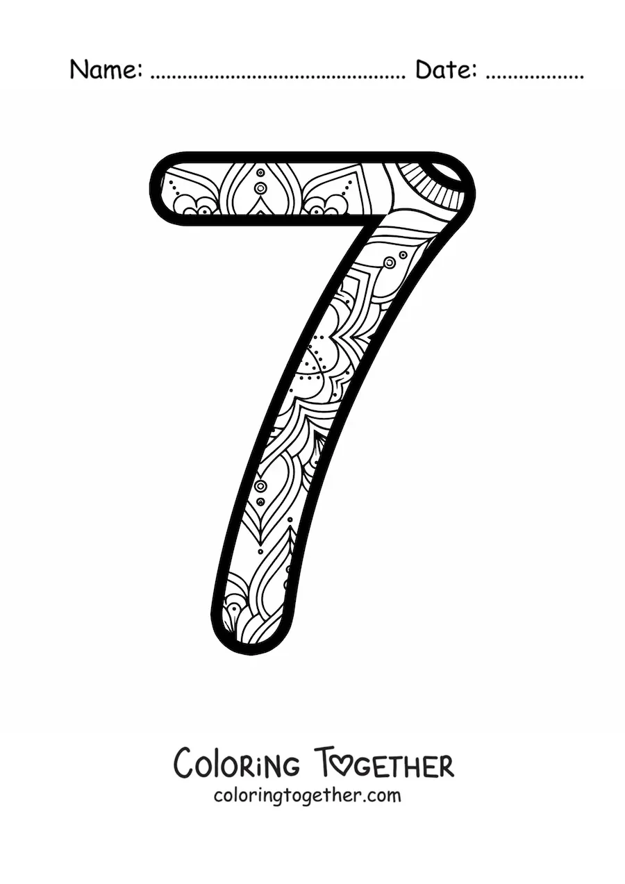 Coloring page of a mandala of the number 7