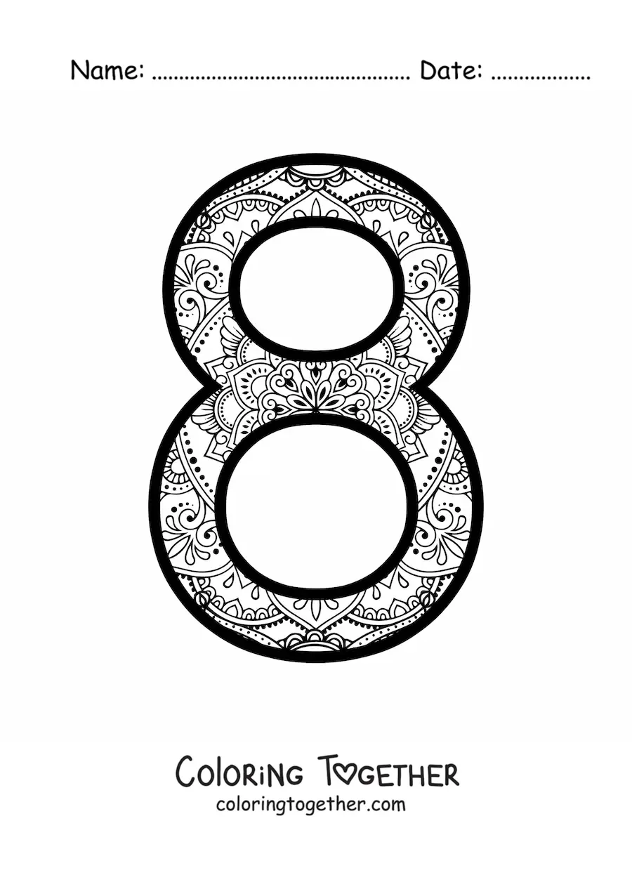 Coloring page of a mandala of the number 8