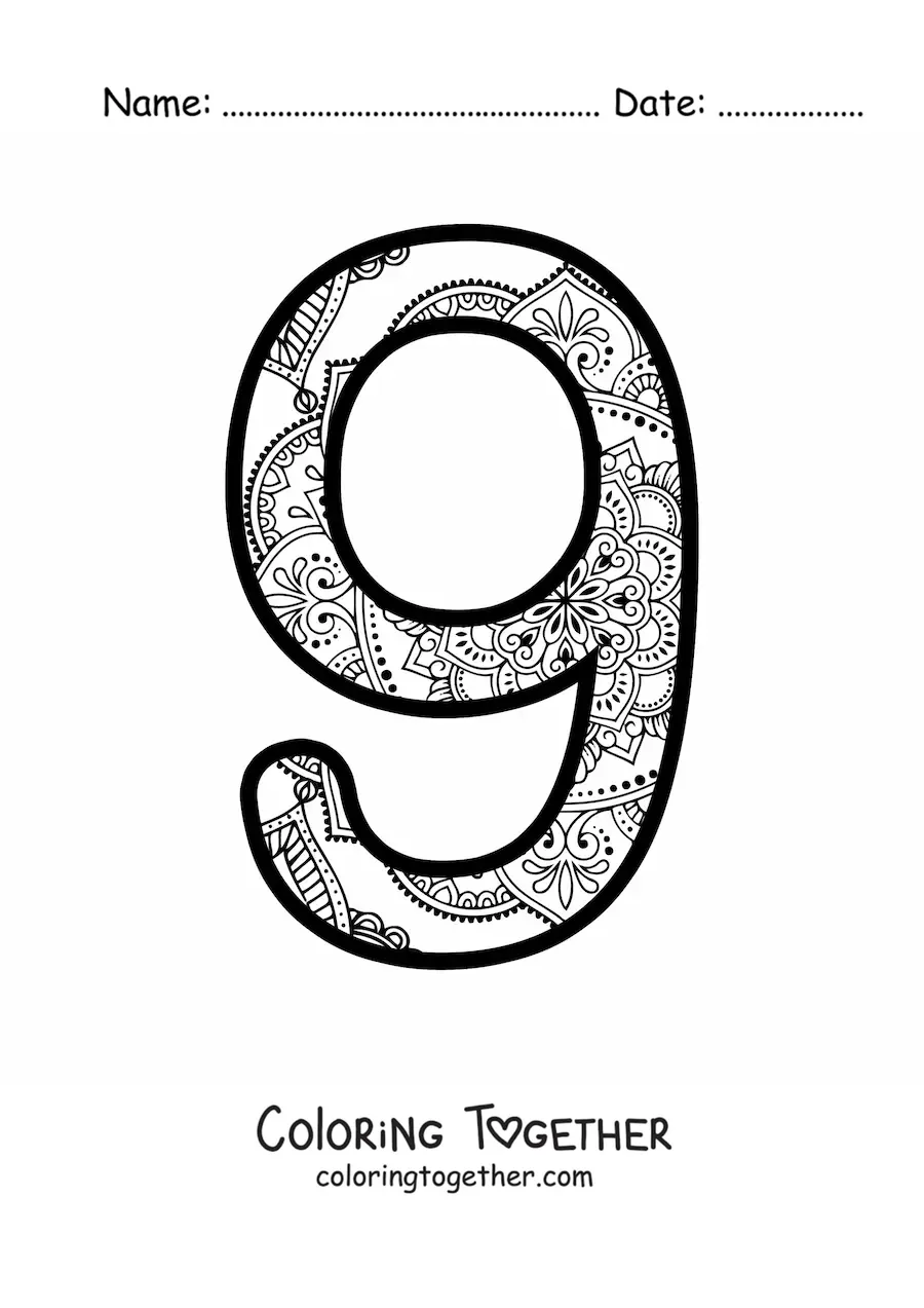 Coloring page of a mandala of the number 9
