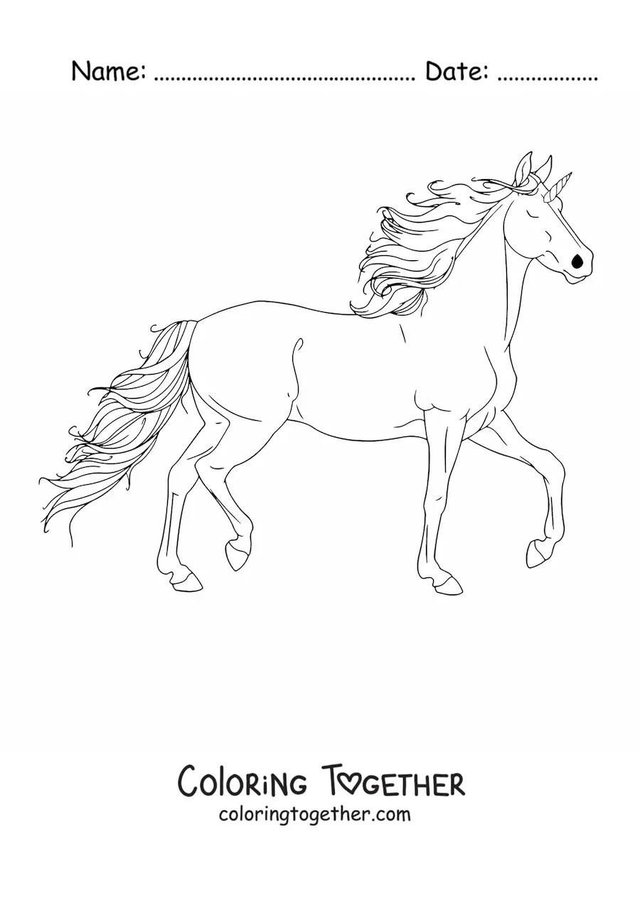 Coloring page of a galloping unicorn
