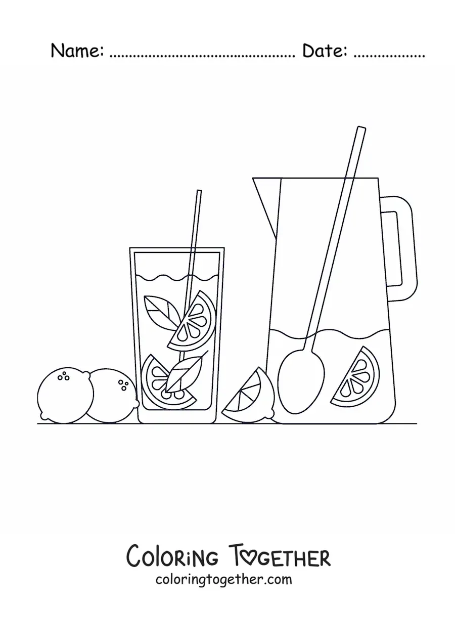 Coloring page of a pitcher and a glass of lemonade with lemons