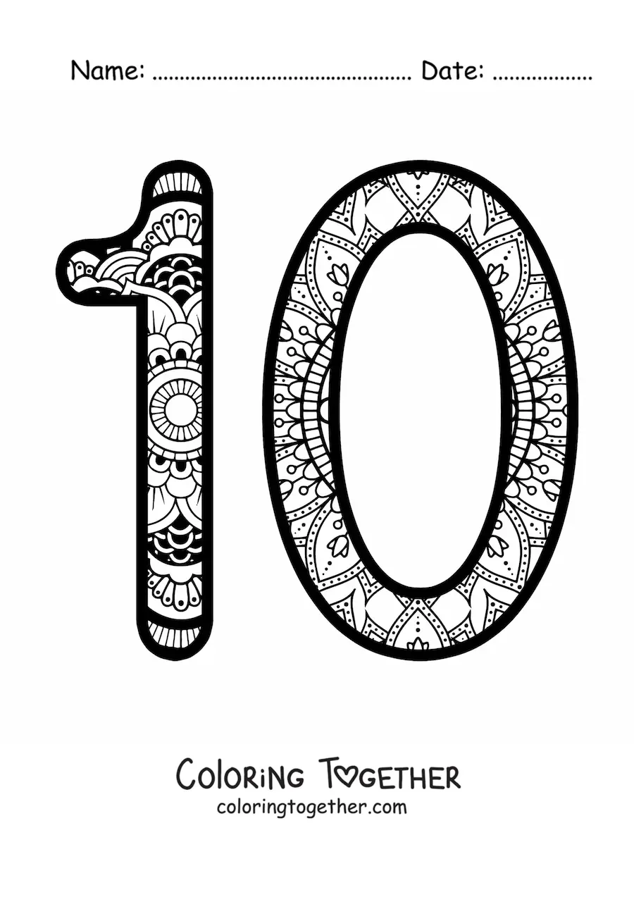 Coloring page of a mandala of the number 10