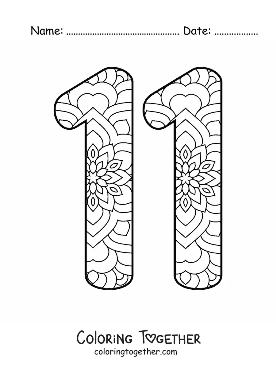 Coloring page of a mandala of the number 11