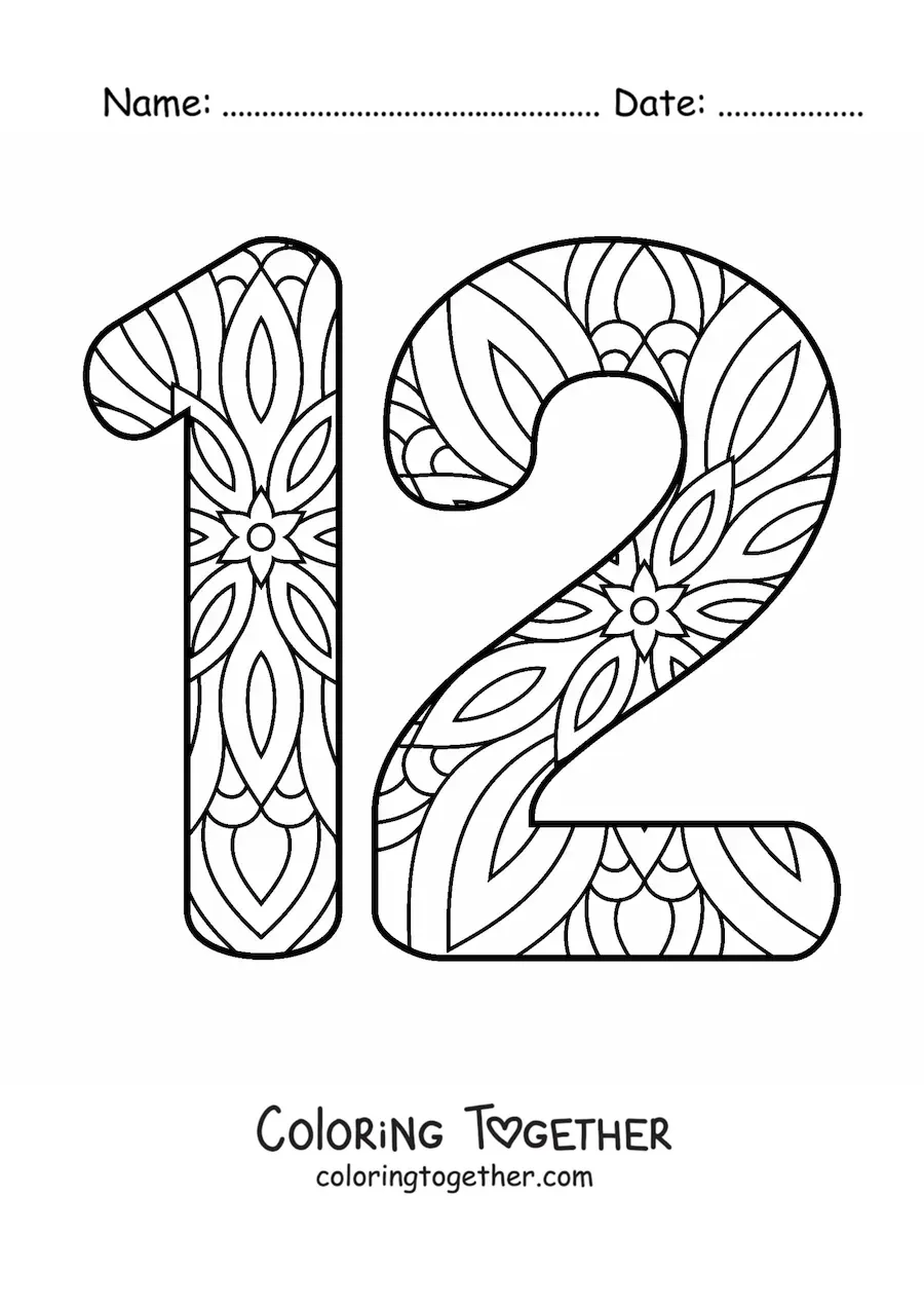 Coloring page of a mandala of the number 12