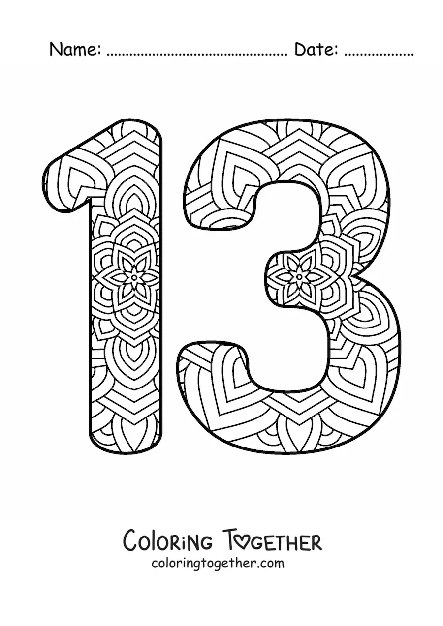 Coloring page of a mandala of the number 13