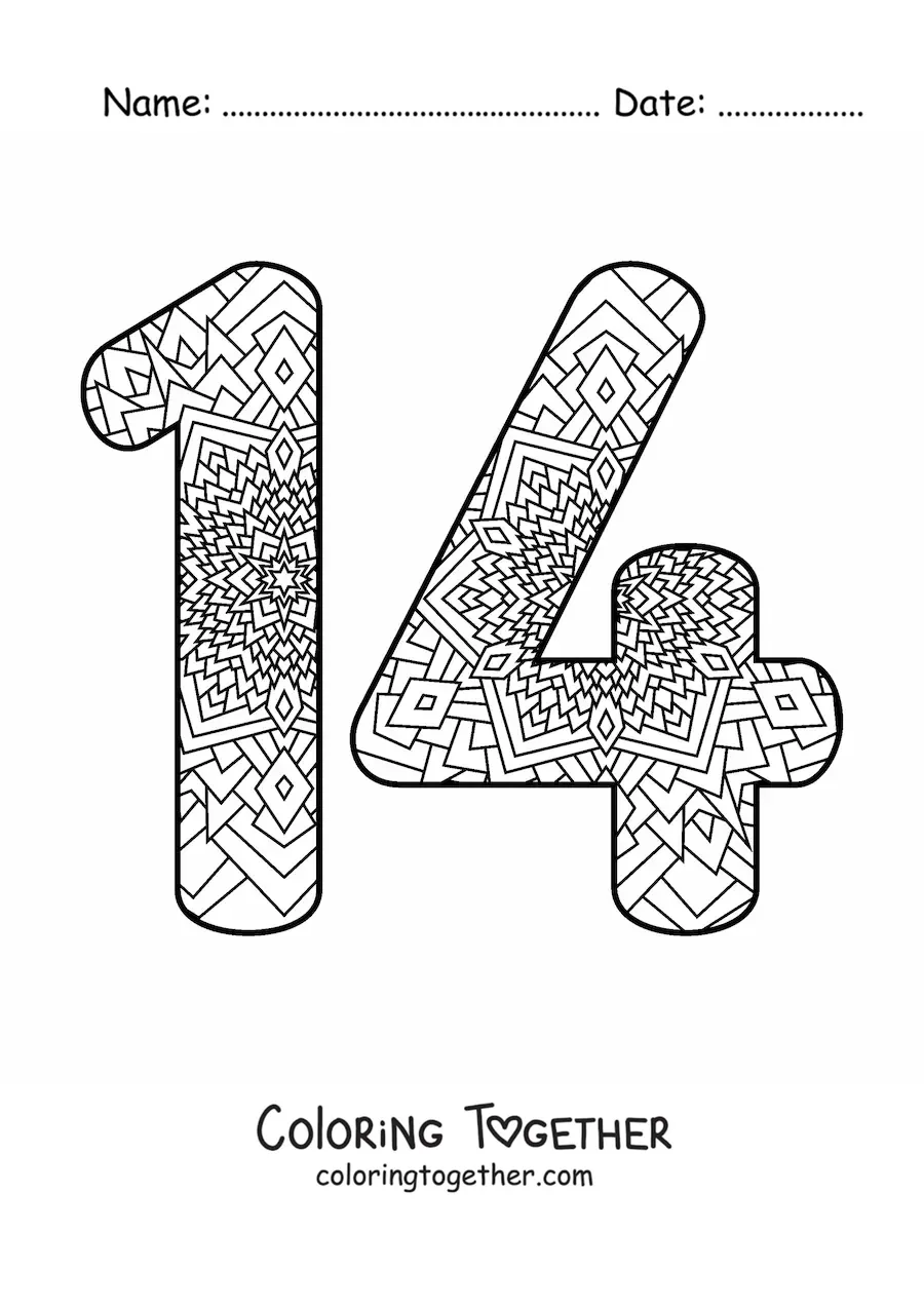 Coloring page of a mandala of the number 14