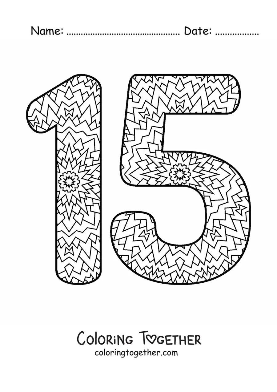Coloring page of a mandala of the number 15