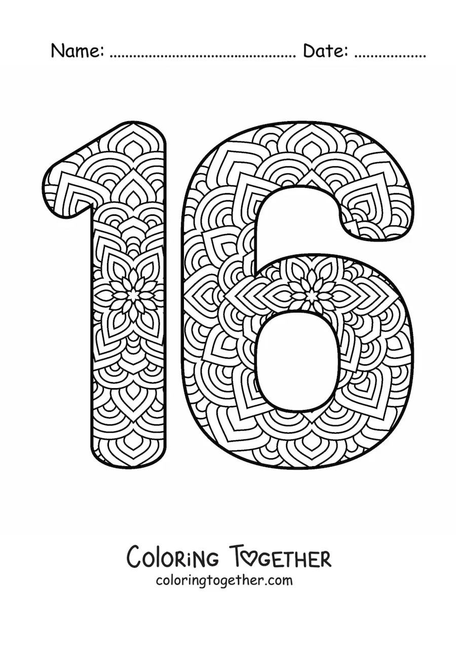 Coloring page of a mandala of the number 16