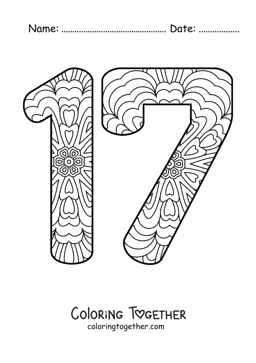 Coloring page of a mandala of the number 17