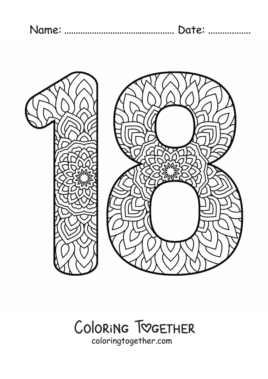 Coloring page of a mandala of the number 18
