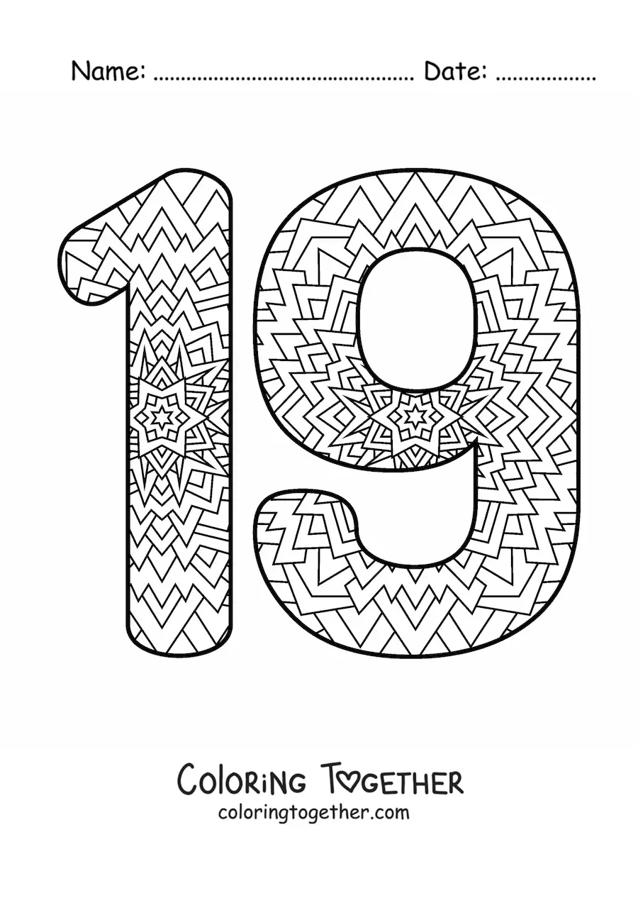 Coloring page of a mandala of the number 19