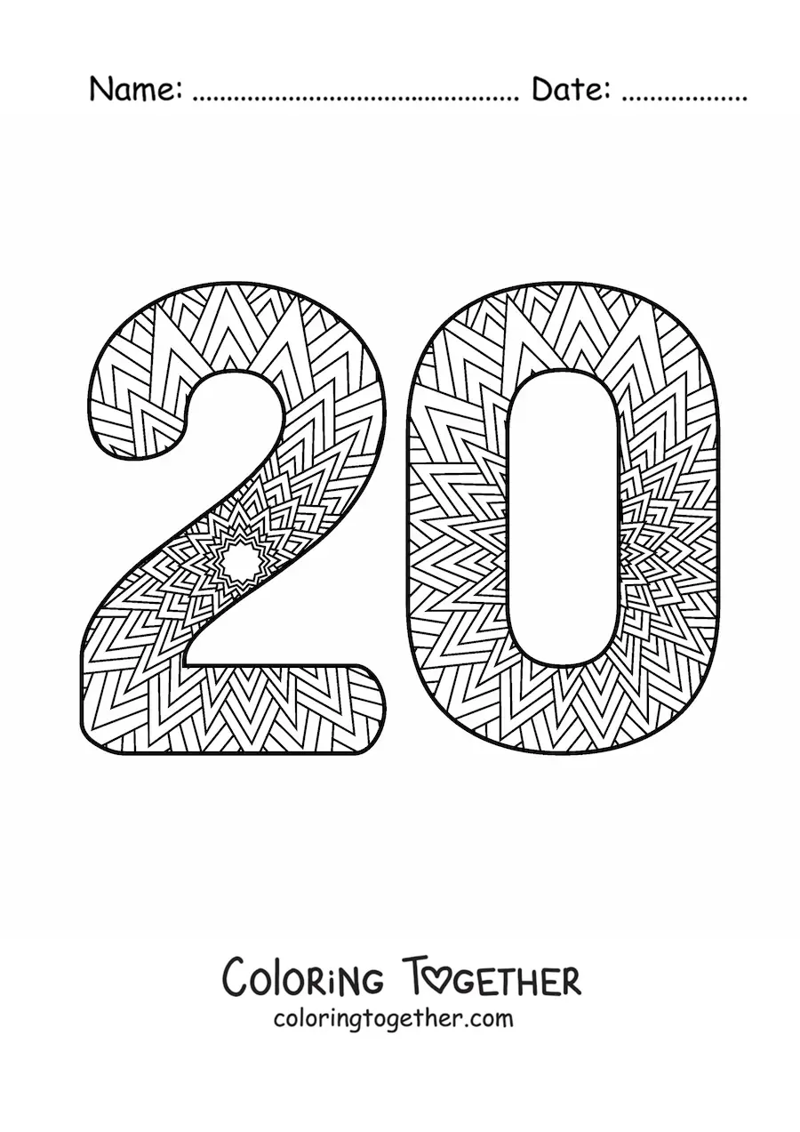 Coloring page of a mandala of the number 20