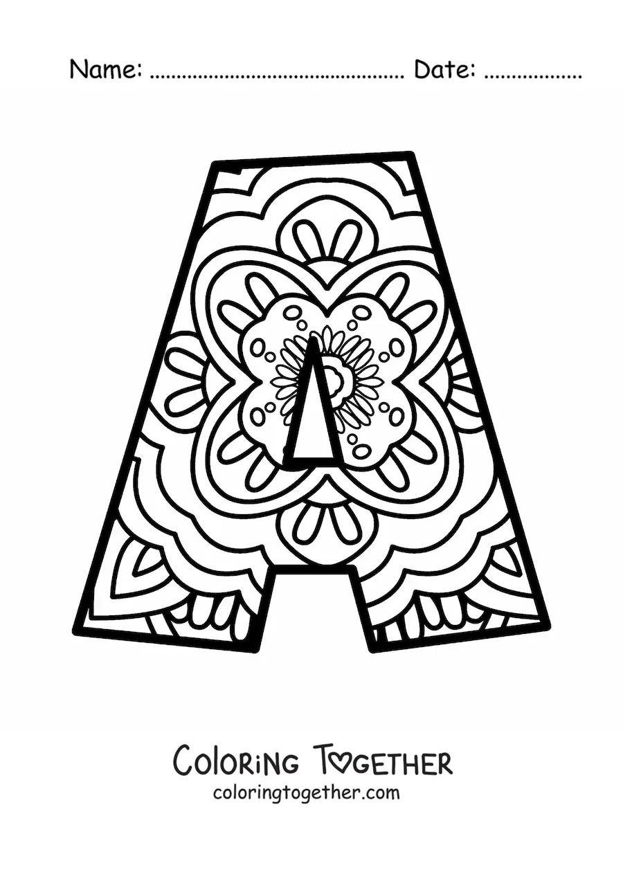 Coloring page of a mandala of the letter a