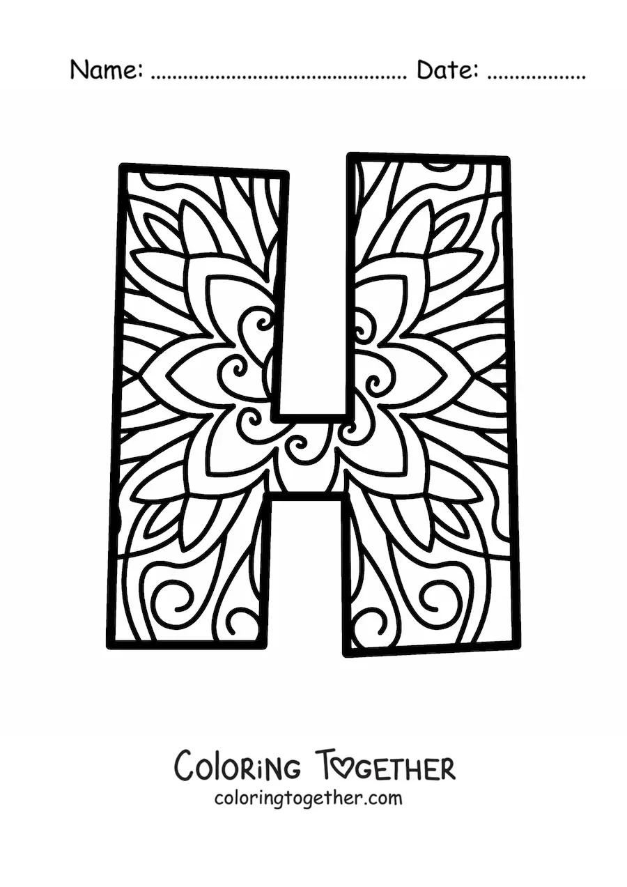 Coloring page of a mandala of the letter h