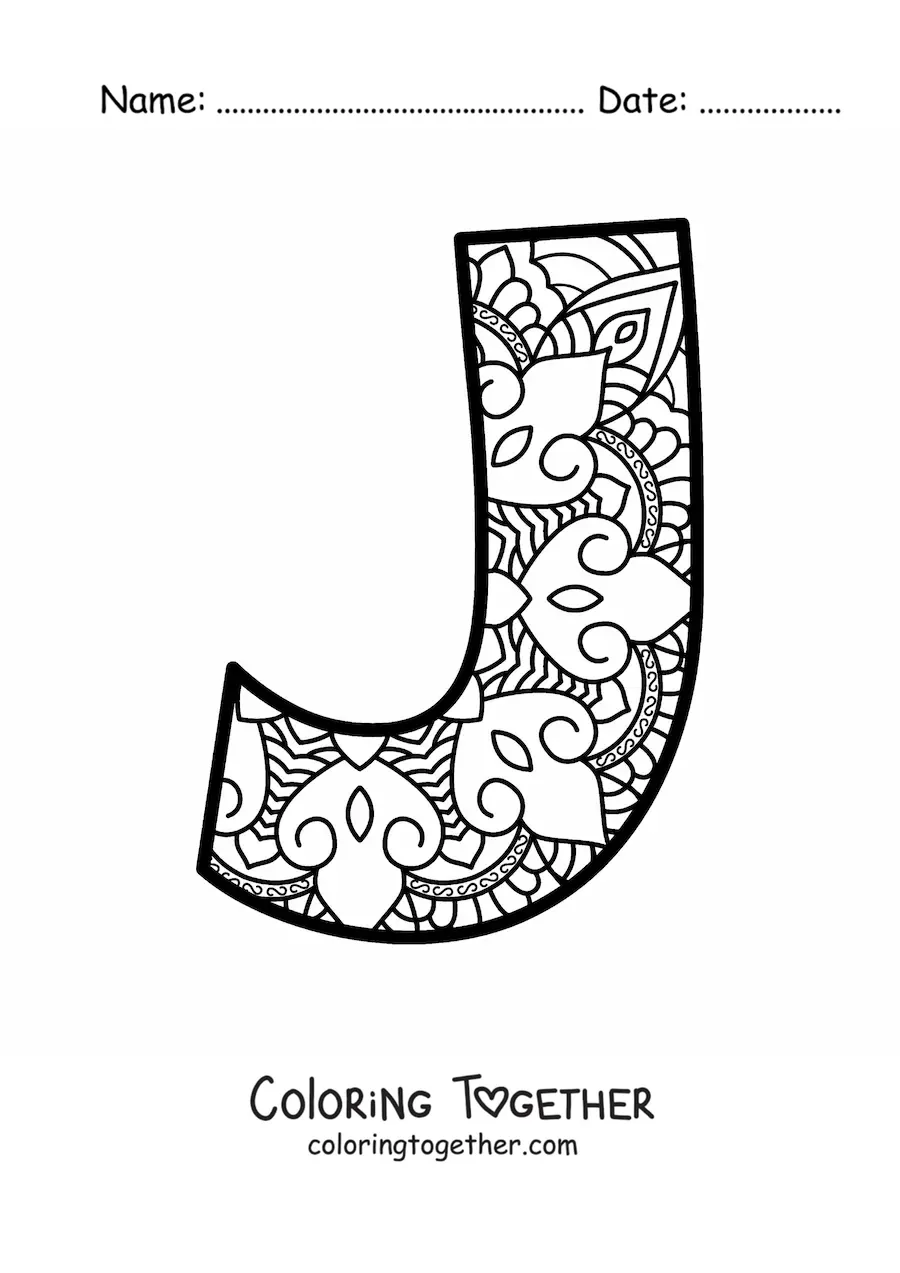 Coloring page of a mandala of the letter j