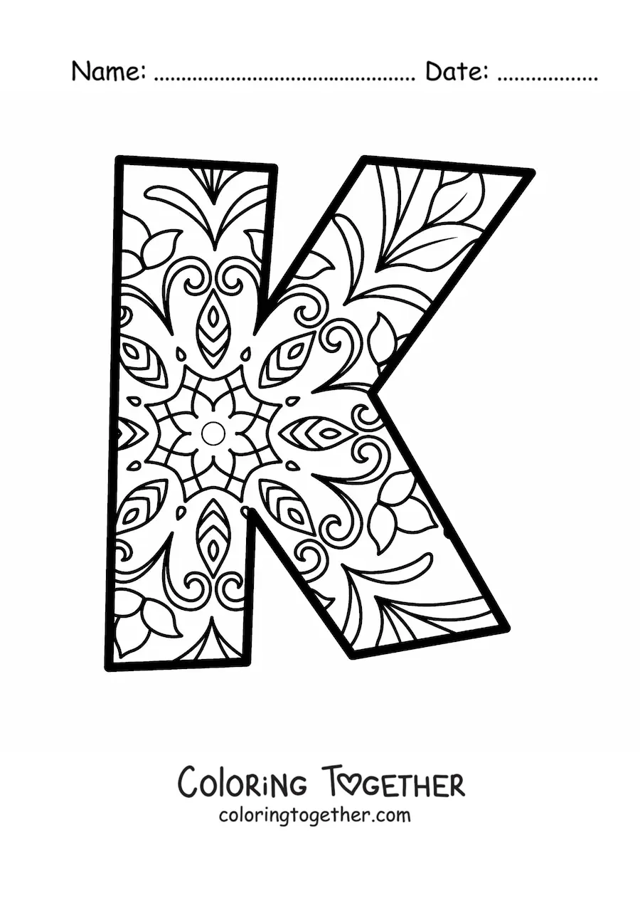 Coloring page of a mandala of the letter k