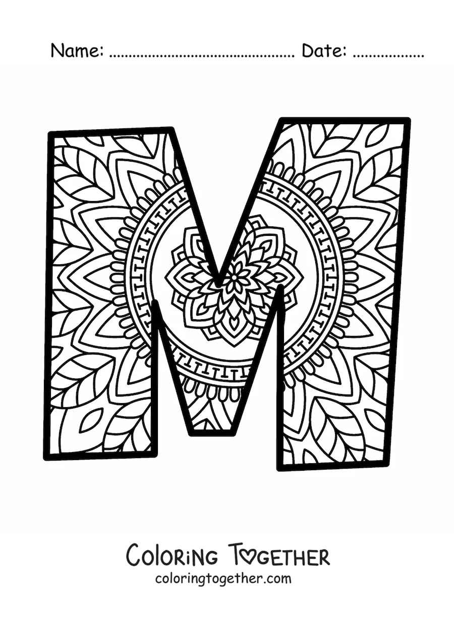 Coloring page of a mandala of the letter m