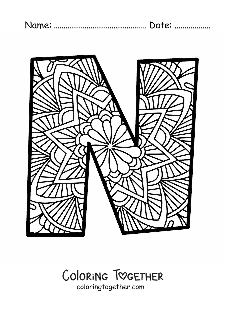 Coloring page of a mandala of the letter n