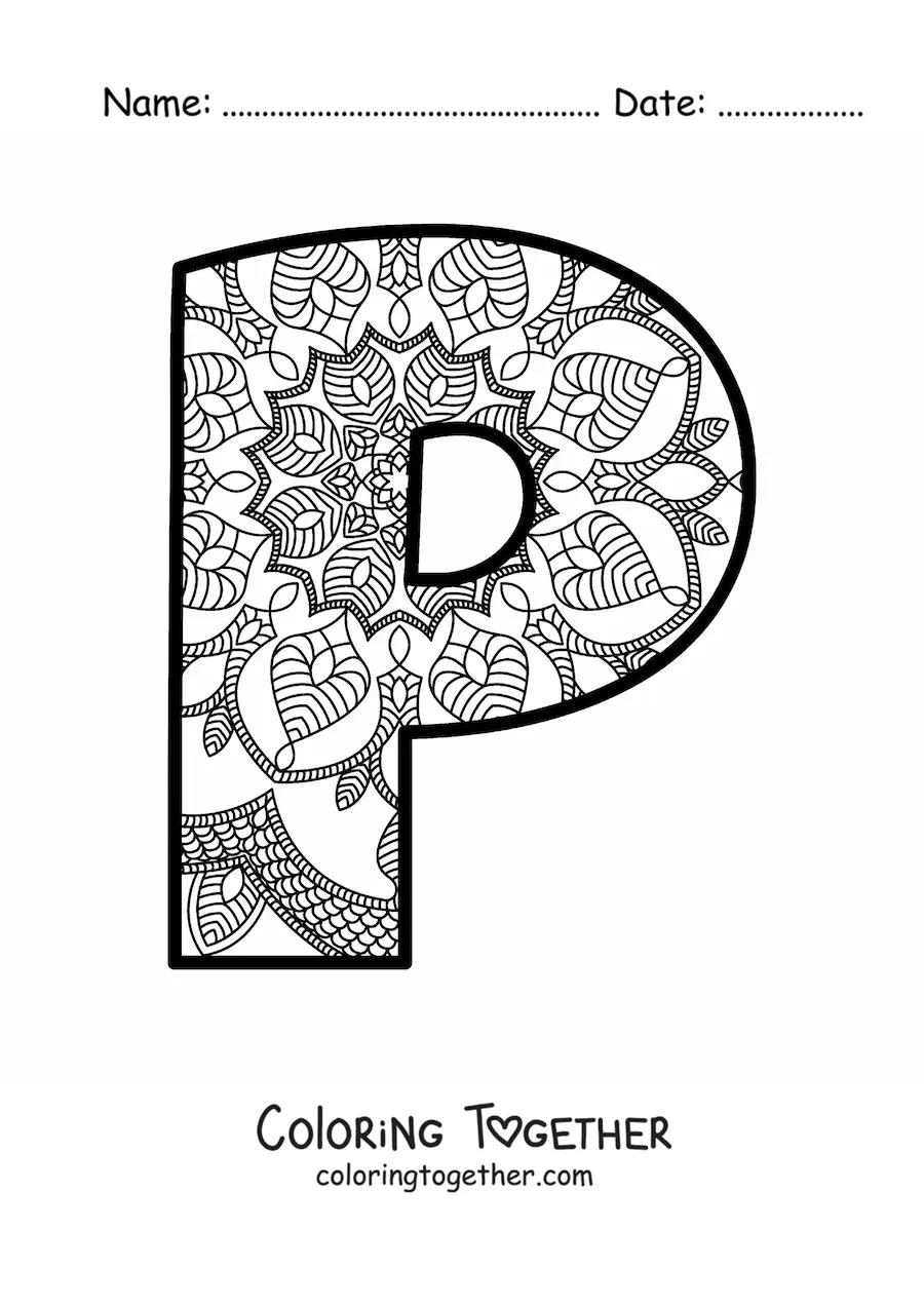 Coloring page of a mandala of the letter p