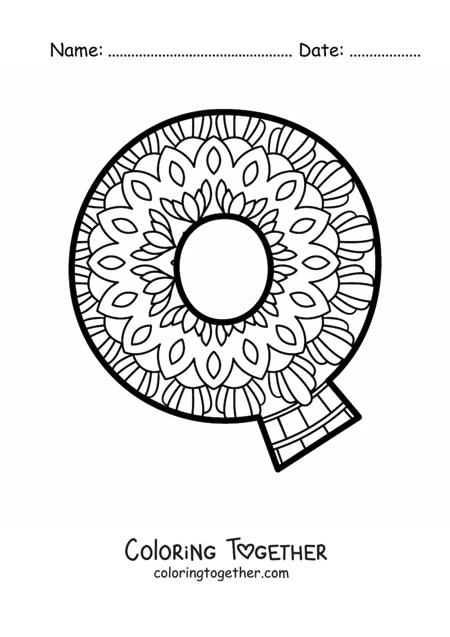 Coloring page of a mandala of the letter q