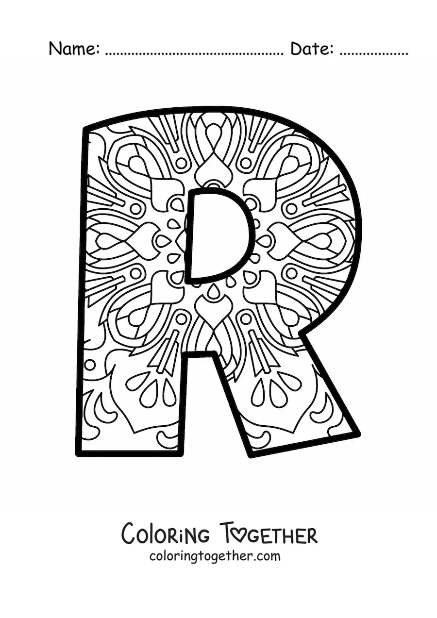 Coloring page of a mandala of the letter r