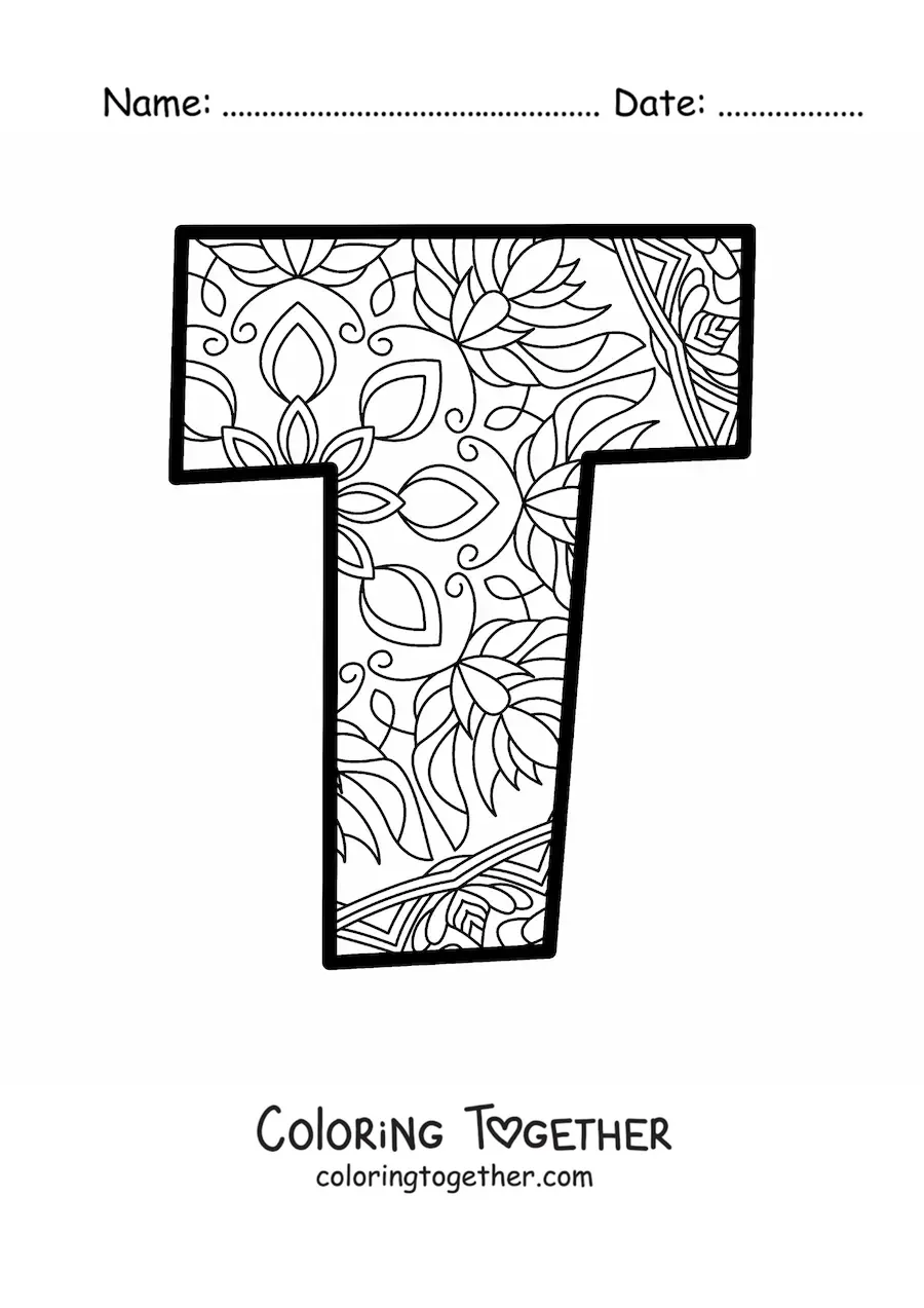 Coloring page of a mandala of the letter t