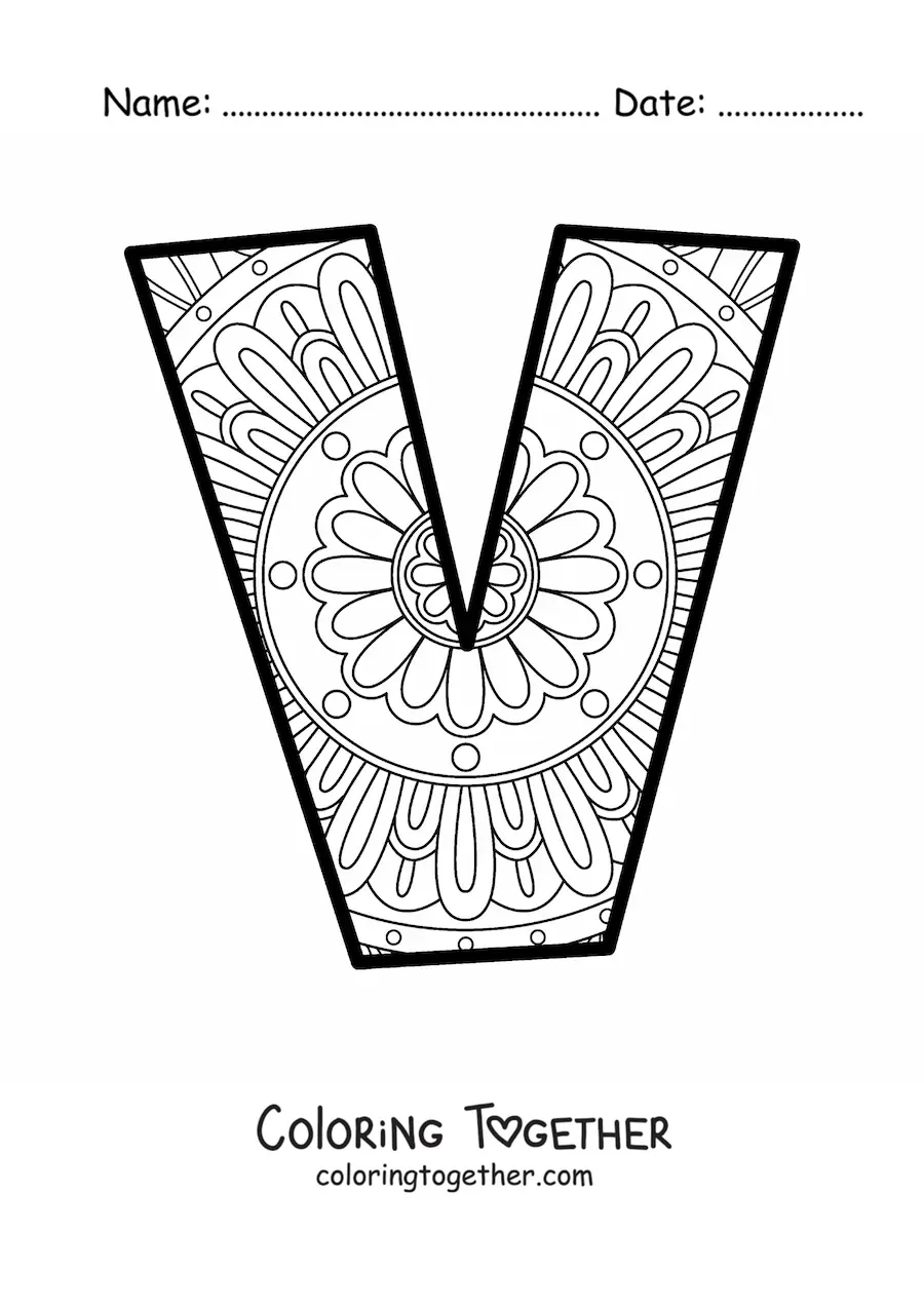 Coloring page of a mandala of the letter v