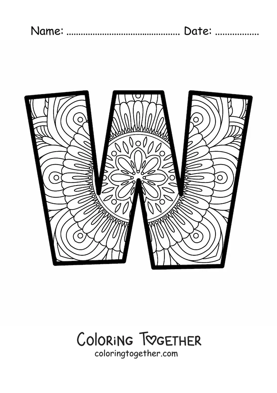 Coloring page of a mandala of the letter w