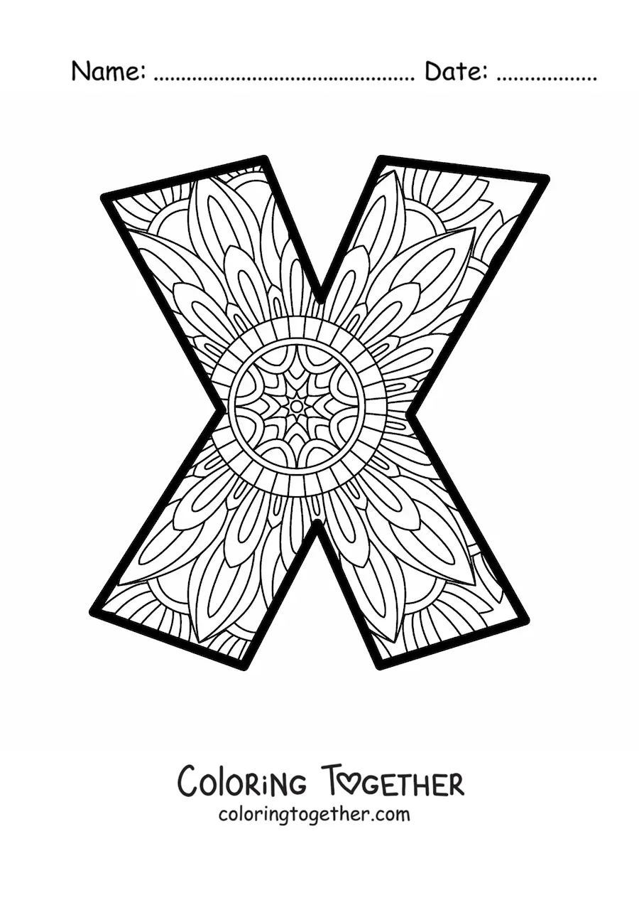 Coloring page of a mandala of the letter x