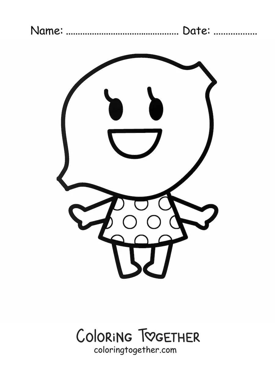 Coloring page of a cartoon lemon wearing a dress