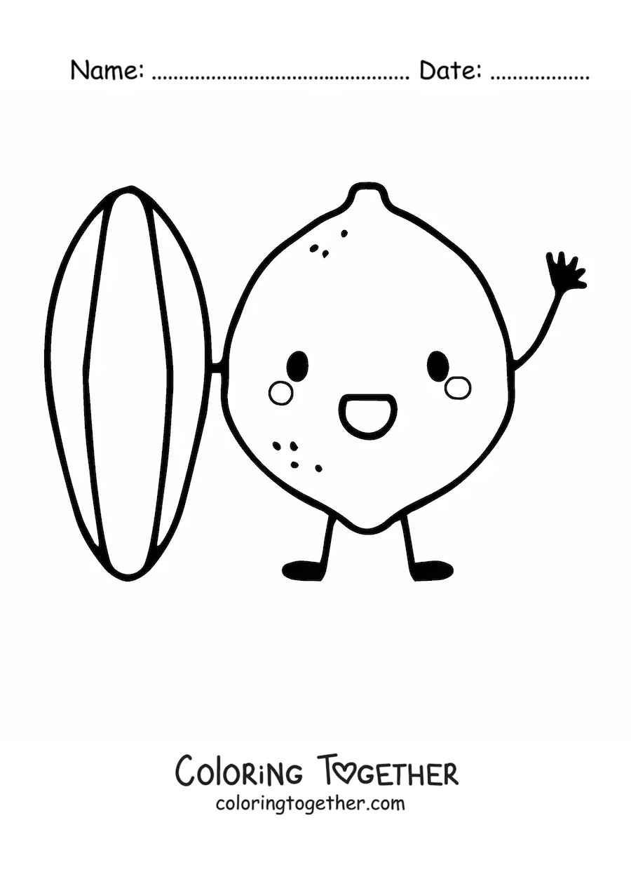 Coloring page of a cartoon lemon holding a surfboard