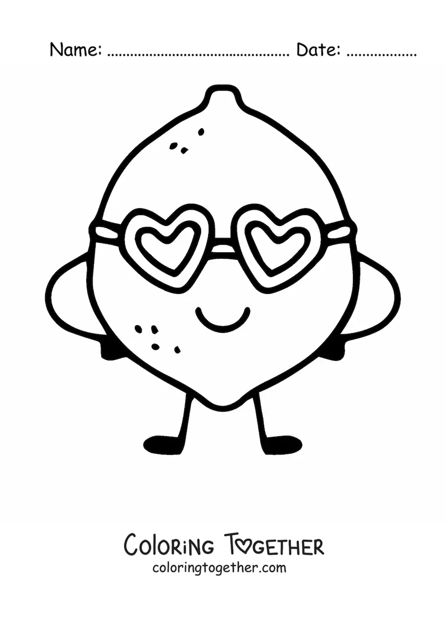 Coloring page of a smiling cartoon lemon with sunglasses