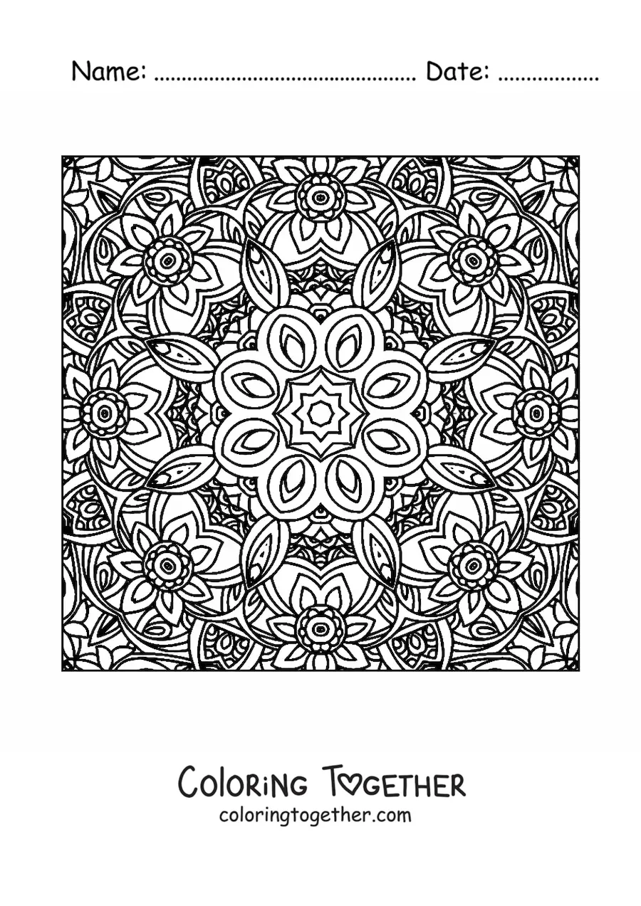 Coloring page of a square mandala with flowers