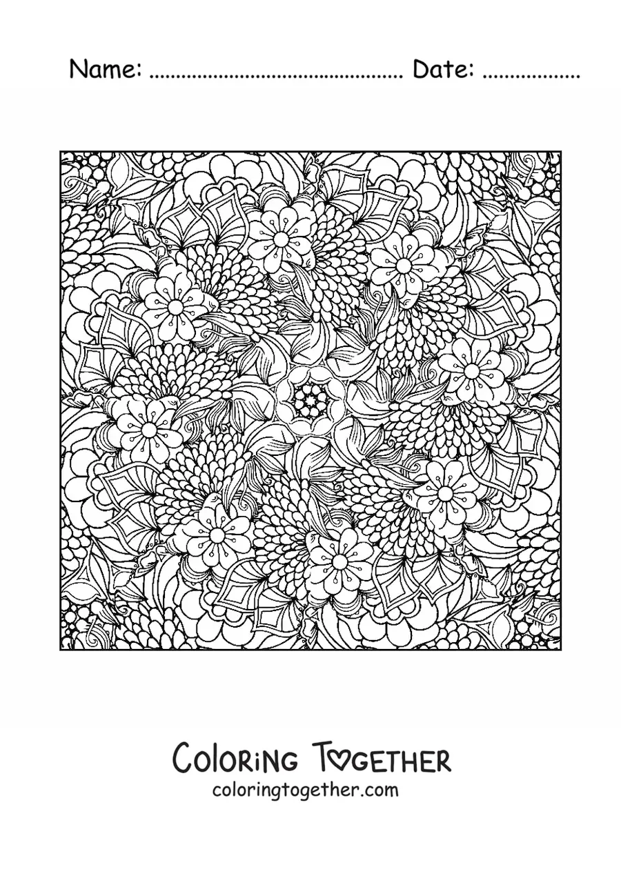 Coloring page of a square mandala with flowers