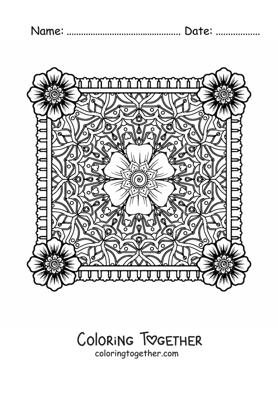 Coloring page of a square mandala with flowers
