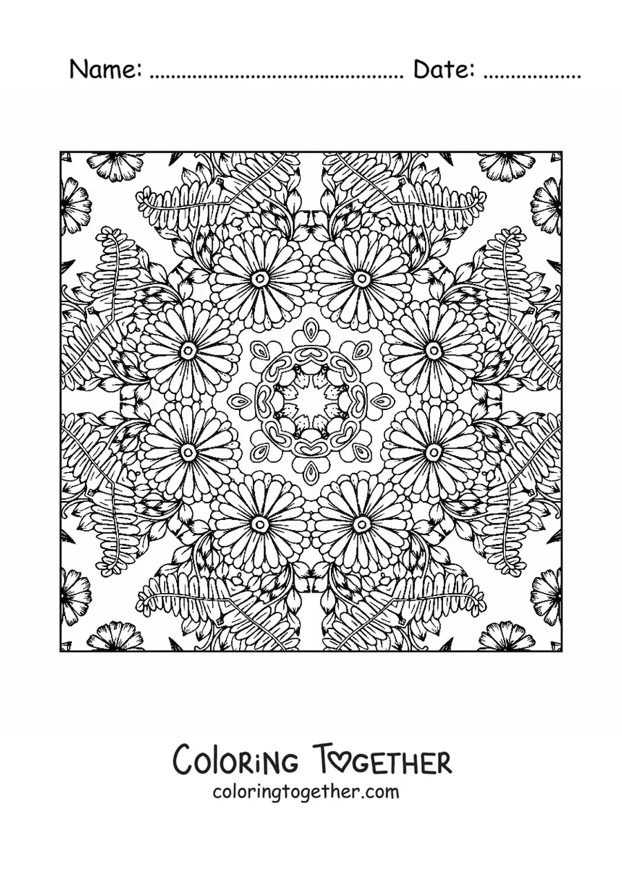 Coloring page of a square mandala with flowers