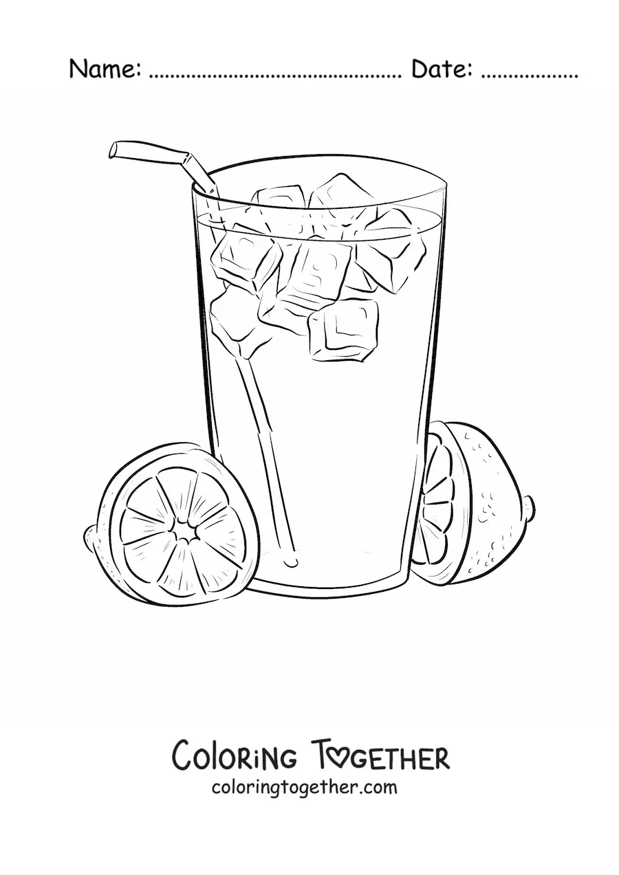 Coloring page of a glass of lemonade with ice