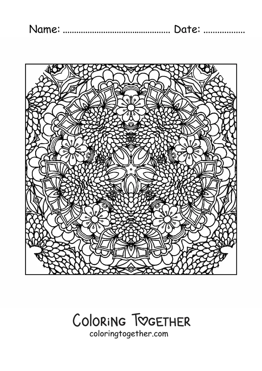 Coloring page of a square mandala with flowers