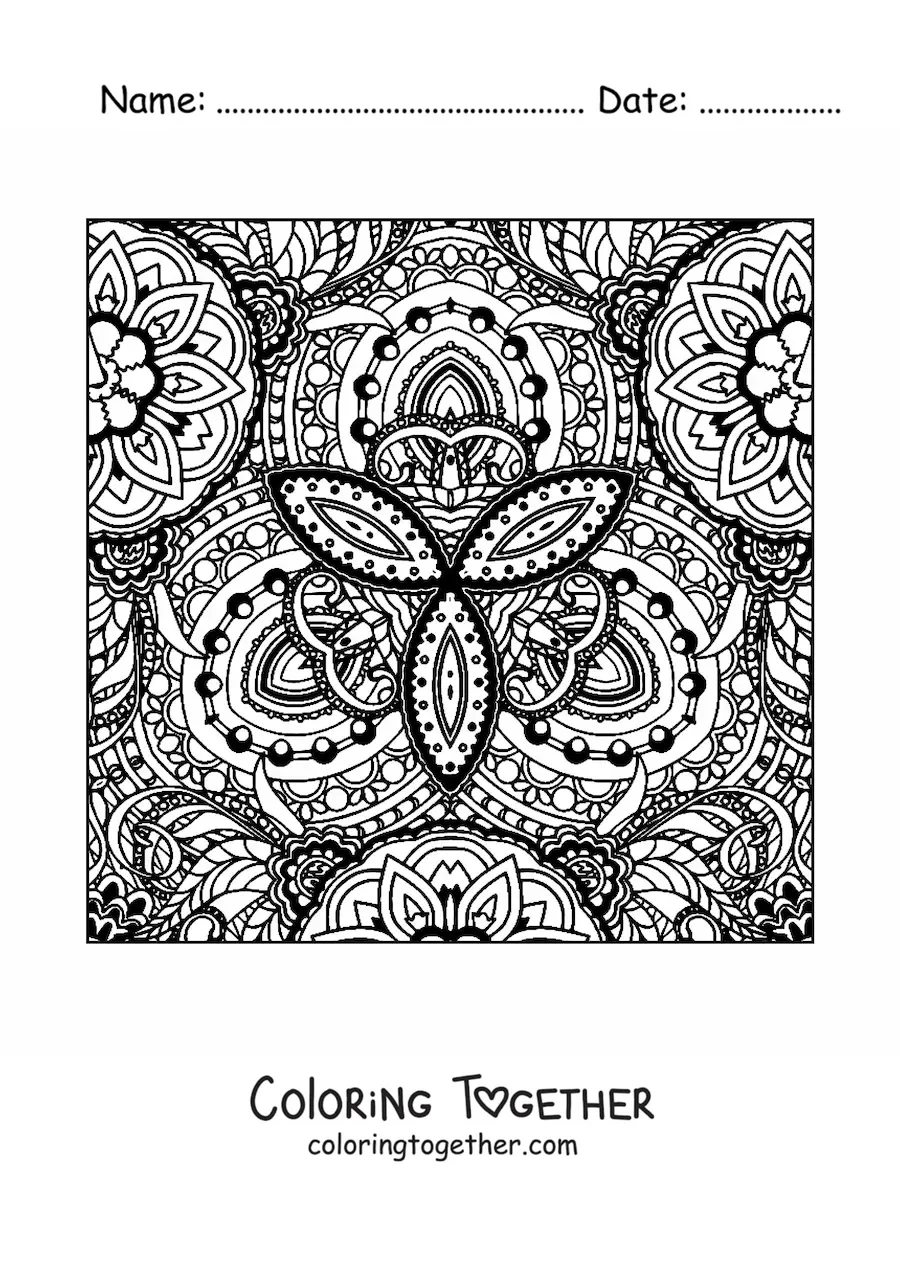 Coloring page of a square Zentangle style mandala
