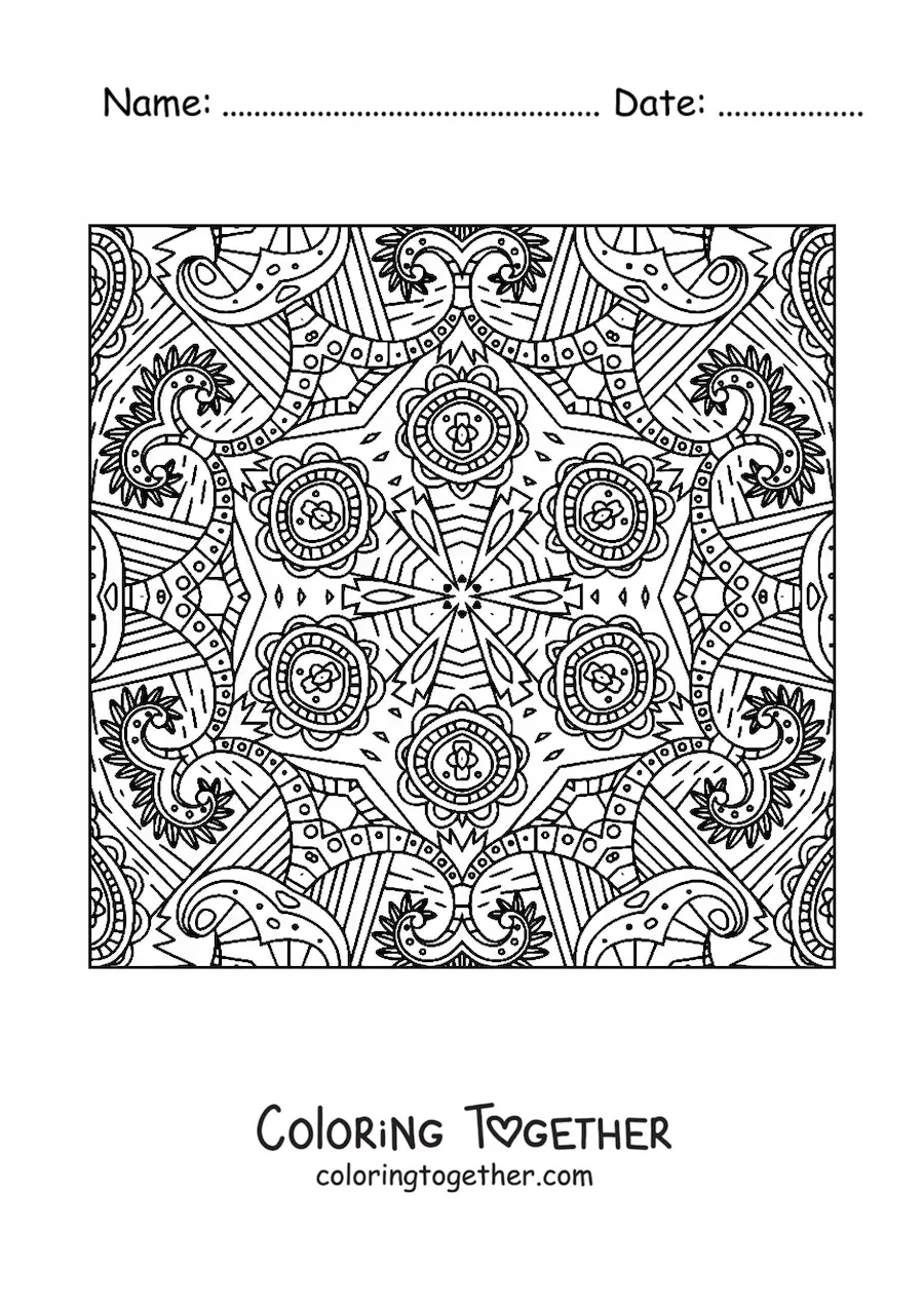 Coloring page of a square Zentangle style mandala