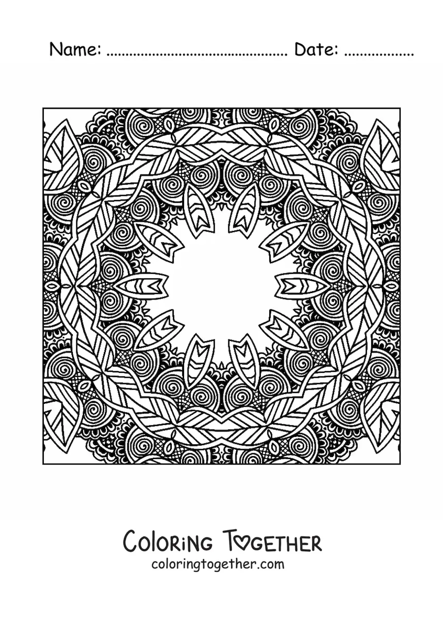 Coloring page of a square Zentangle style mandala