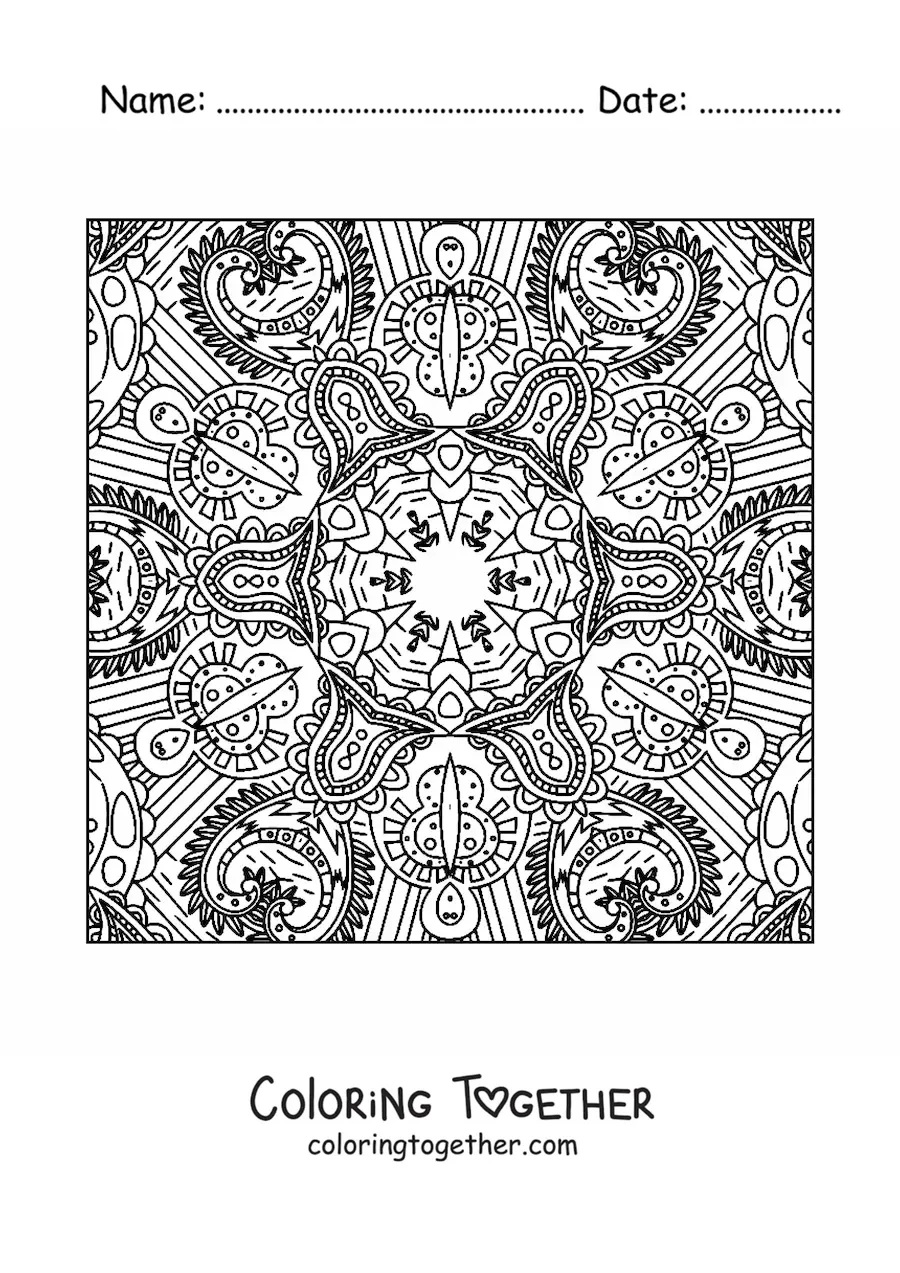 Coloring page of a square Zentangle style mandala