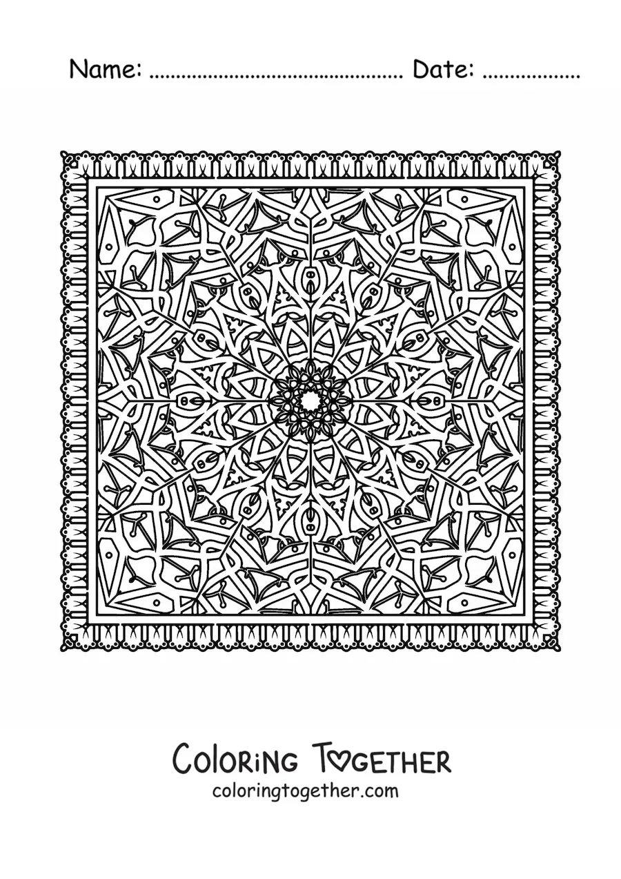 Coloring page of a difficult square mandala