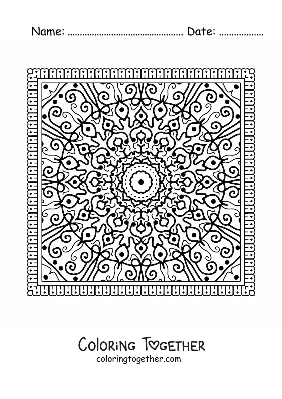 Coloring page of a difficult square mandala