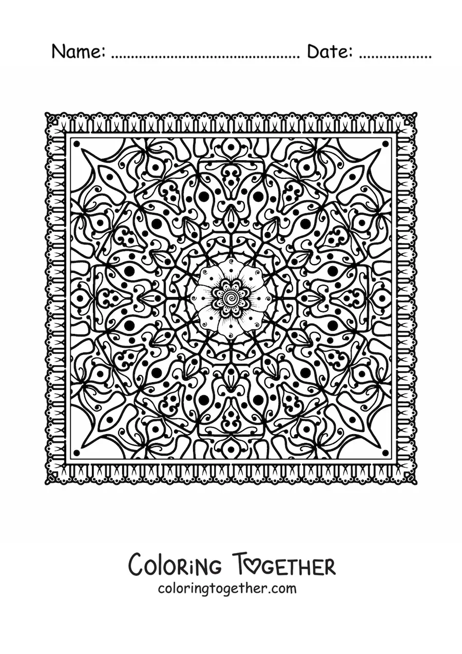 Coloring page of a difficult square mandala