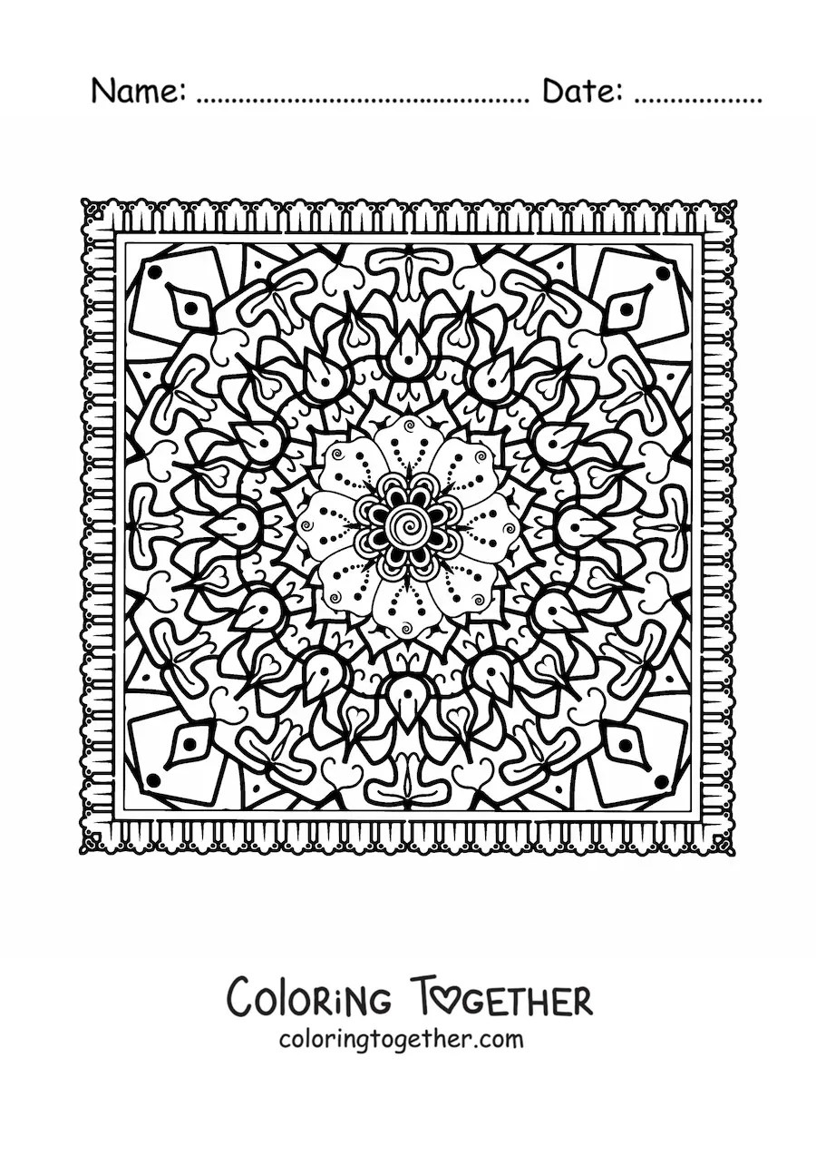 Coloring page of a difficult square mandala